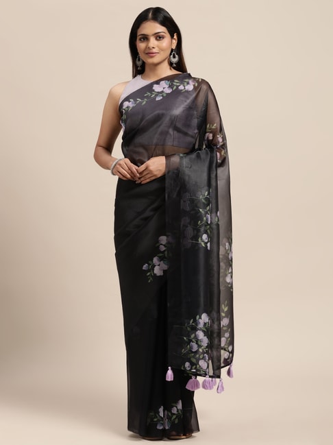 Janasya Black Floral Print Saree With Unstitched Blouse Price in India