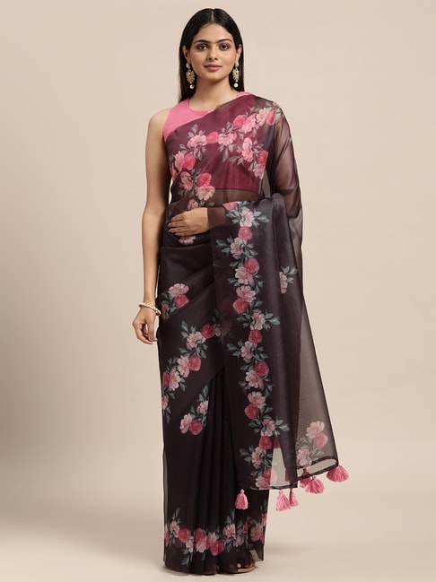 Janasya Purple Floral Print Saree With Unstitched Blouse Price in India