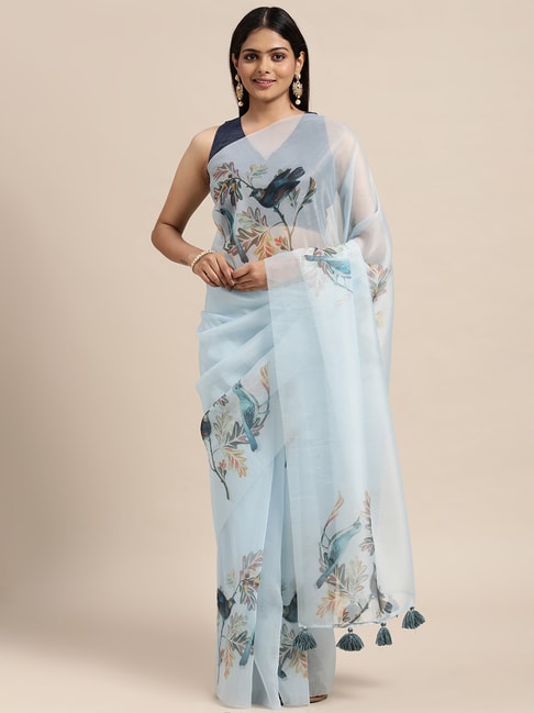 Janasya Sky Blue Printed Saree With Unstitched Blouse Price in India