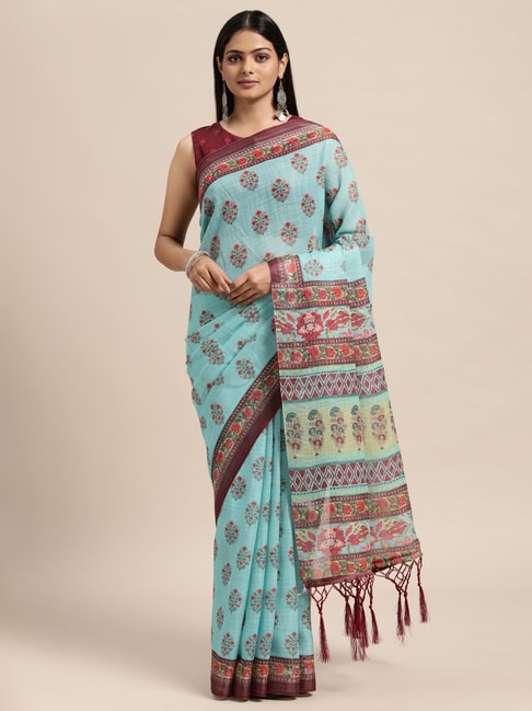 Janasya Blue Floral Print Saree With Unstitched Blouse Price in India