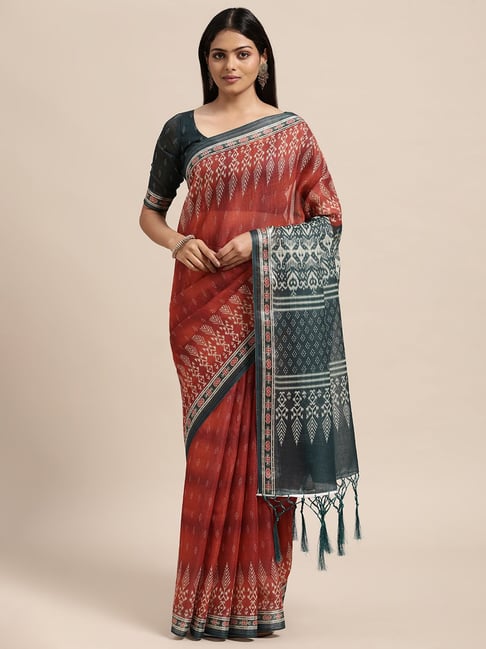 Janasya Rust Printed Saree With Unstitched Blouse Price in India