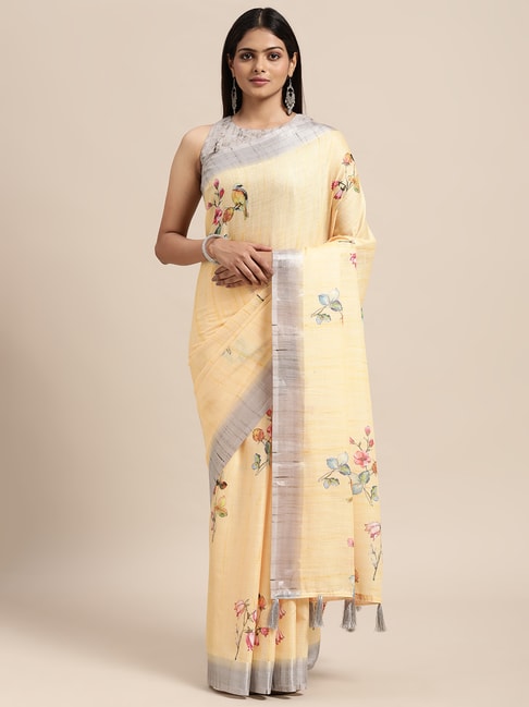 Janasya Yellow Floral Print Saree With Unstitched Blouse Price in India