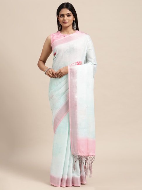 Janasya Sea Green Floral Print Saree With Unstitched Blouse Price in India