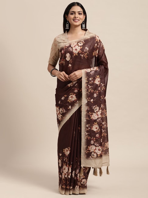 Janasya Brown Floral Print Saree With Unstitched Blouse Price in India