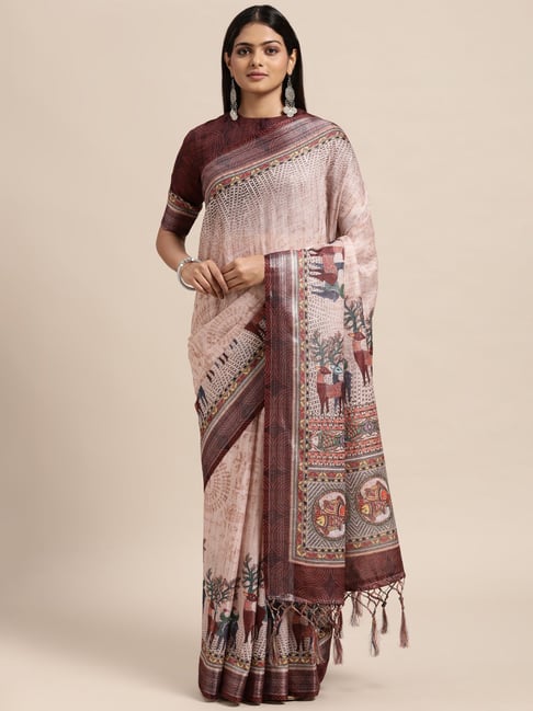 Janasya Brown Printed Saree With Unstitched Blouse Price in India