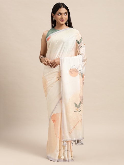Janasya Beige Printed Saree With Unstitched Blouse Price in India