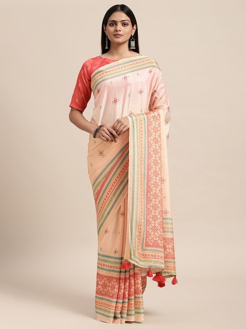 Janasya Peach Floral Print Saree With Unstitched Blouse Price in India