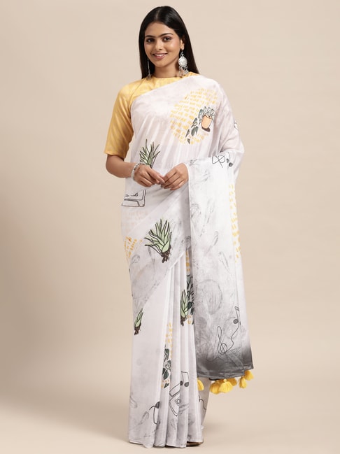Janasya White Printed Saree With Unstitched Blouse Price in India