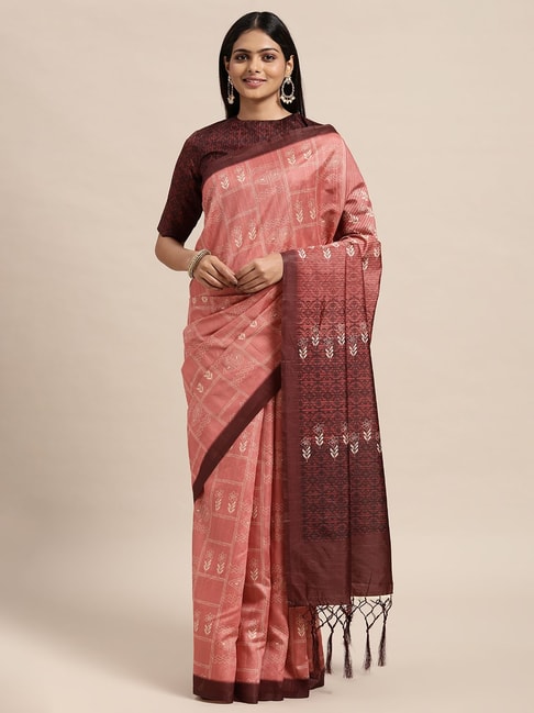 Janasya Peach Silk Printed Saree With Unstitched Blouse Price in India