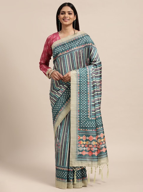 Janasya Teal Blue Silk Printed Saree With Unstitched Blouse Price in India