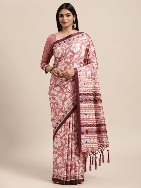 Janasya Pink Floral Print Saree With Unstitched Blouse Price in India