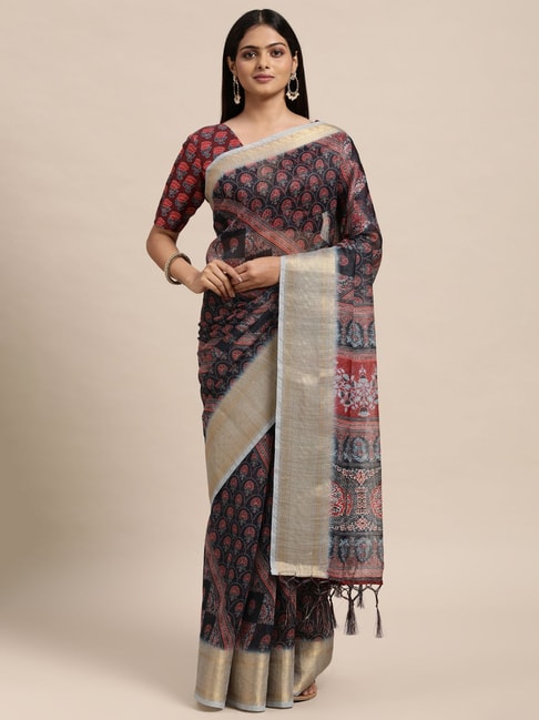 Janasya Navy Printed Saree With Unstitched Blouse Price in India