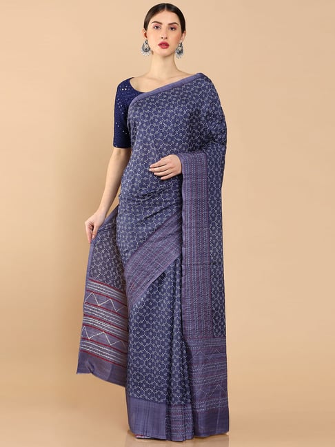 Soch Blue Silk Printed Saree With Unstitched Blouse Price in India