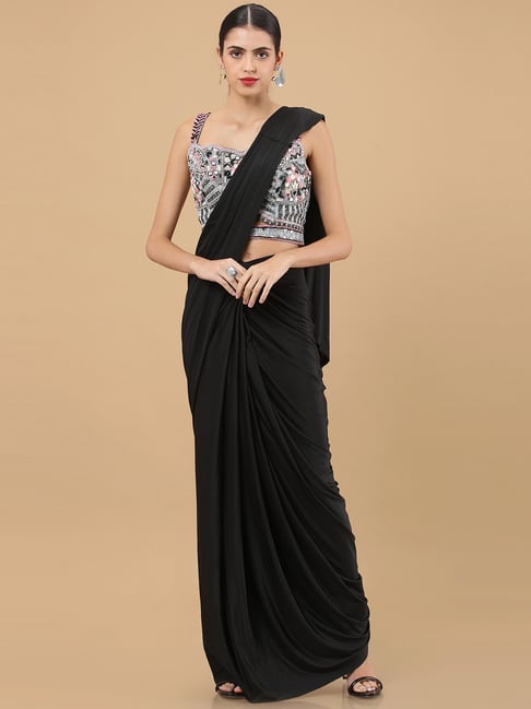 Buy Black Blouse Tussar And Saree Organza & Chiffon Elara Pre-draped With  For Women by Charu and Vasundhara Online at Aza Fashions.