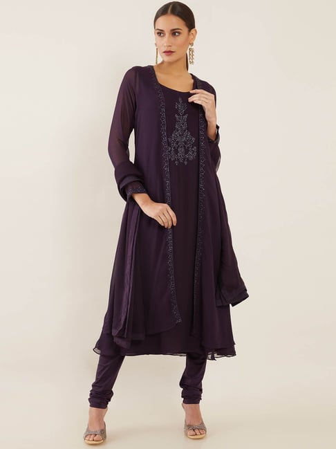 Soch Purple Embroidered Kurta Pant Set With Dupatta
