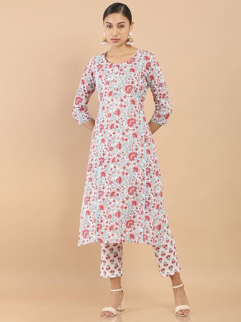 Soch White & Pink Cotton Embellished Kurta Pant Set Price in India