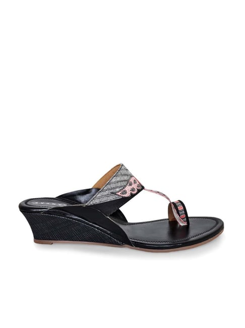 KANVAS Women's Kalamkari Black Toe Ring Wedges Price in India