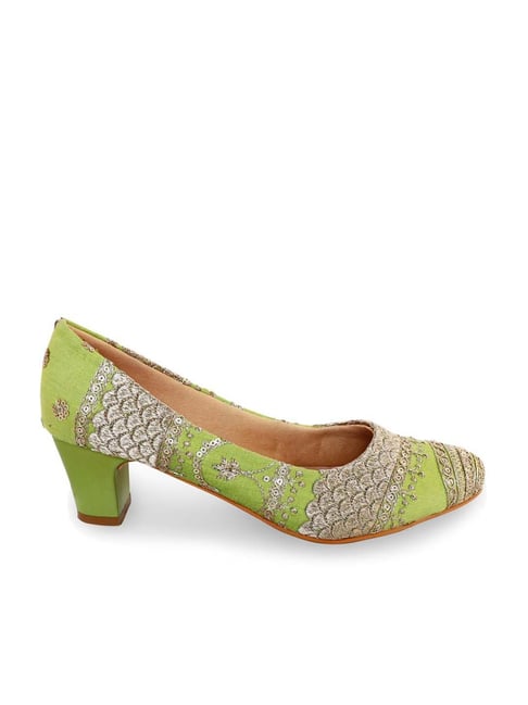 KANVAS Women's Enchanteur Parrot Green Ethnic Pumps Price in India