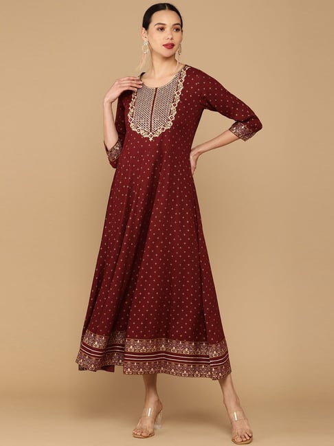 Soch Maroon Embroidered Flared Kurta Price in India