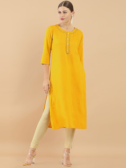 Soch Yellow Embellished Straight Kurta Price in India