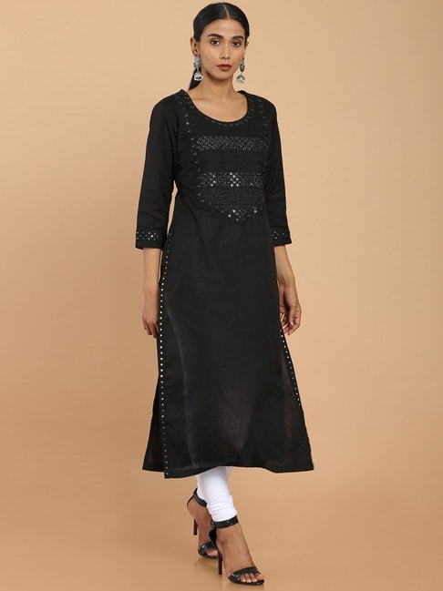 Soch Black Cotton Embellished Straight Kurta Price in India
