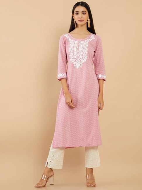 Soch Pink Cotton Embroidered Straight Kurta Price in India