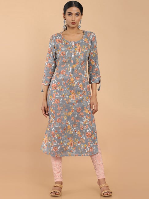 Soch Grey Linen Printed Straight Kurta Price in India