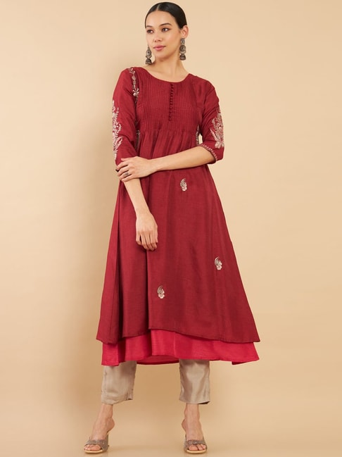Soch Rust Embroidered A Line Kurta Price in India