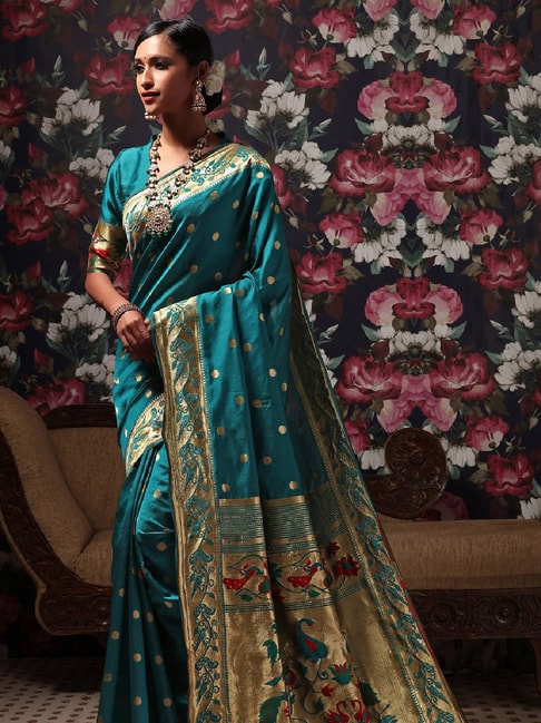 Janasya Teal Textured Saree With Blouse Price in India
