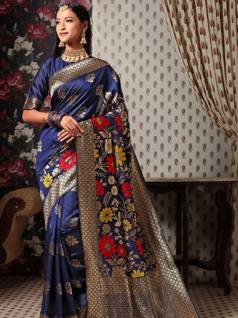 Janasya Dark Blue Textured Saree With Blouse Price in India