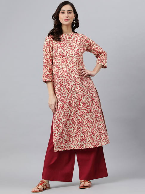 Janasya Cream Printed Straight Cotton Kurta Price in India