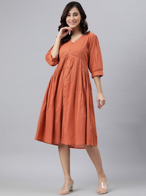 Janasya Orange Pleated Cotton A-Line Dress Price in India