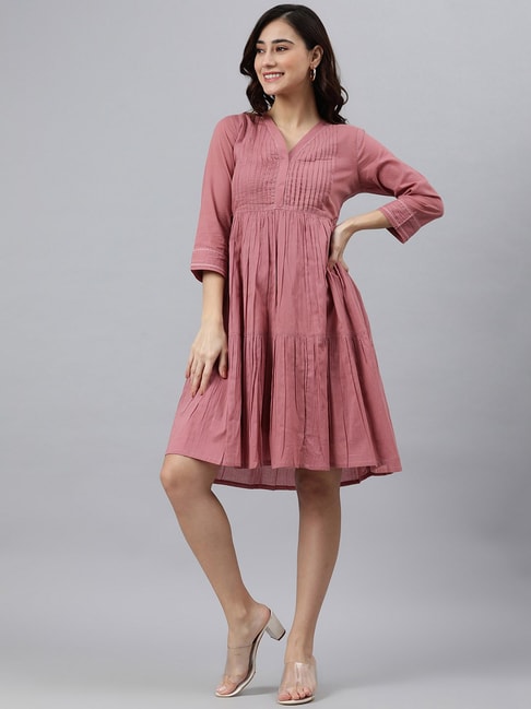 Janasya Pink Pleated Cotton Empire-Line Dress Price in India