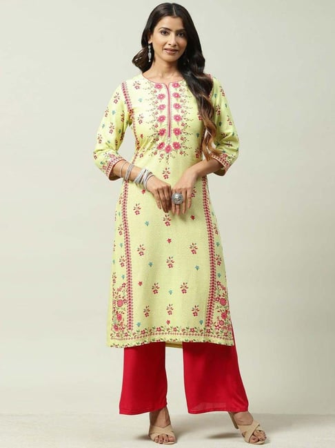 Biba Lime Yellow & Pink Cotton Floral Kurti Price in India