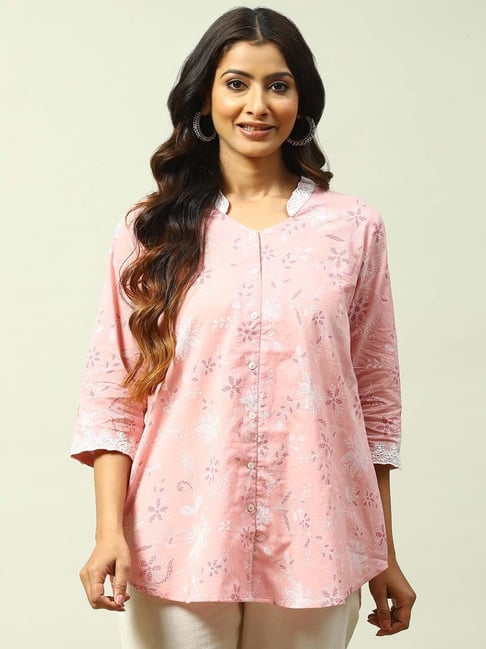 Biba Light Pink Cotton Printed Kurti Price in India