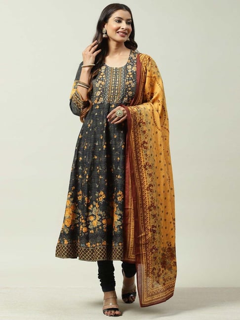 Biba Black Cotton Printed Kurta Salwaar Set With Dupatta