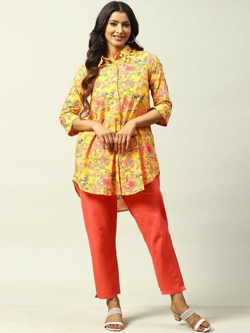 Biba Yellow & Pink Cotton Floral Shirt Price in India