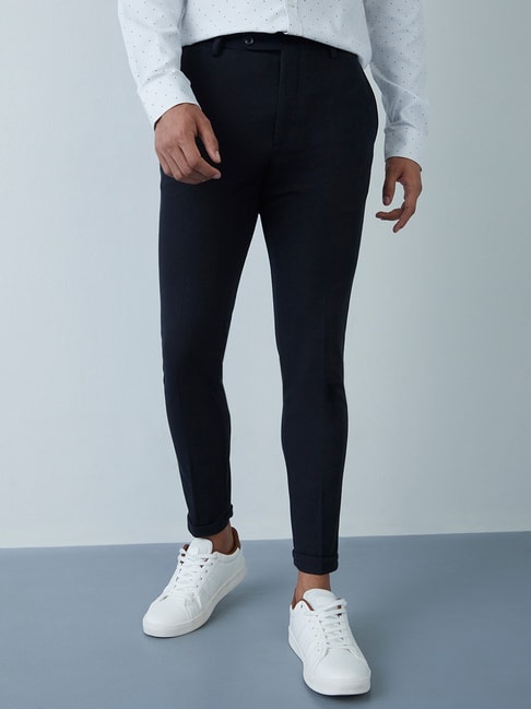 Buy WES Formals Solid Navy Blue Carrot Fit Trousers from Westside