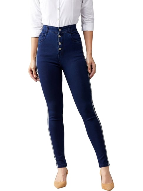 Women's High Rise Bell Bottom Jeans - Button Front Closure / 4 Pockets / Navy  Blue