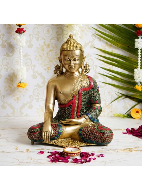 eCraftIndia Dignified Meditating Lord Buddha Handcrafted Brass Idol with Stone Work-picture-40