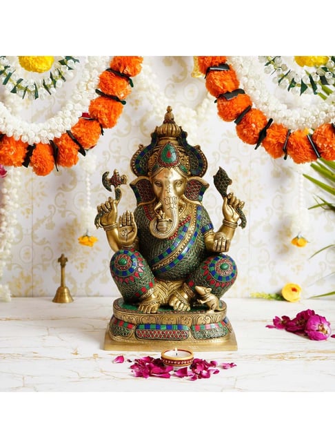 eCraftIndia Antique Look Lord Ganesha Handcrafted Premium Brass Idol with Colorful Stone Work-picture-43