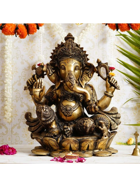eCraftIndia Lord Ganesha with Mukhut on Lotus Base Antique Look Handcrafted Premium Brass Idol-picture-10