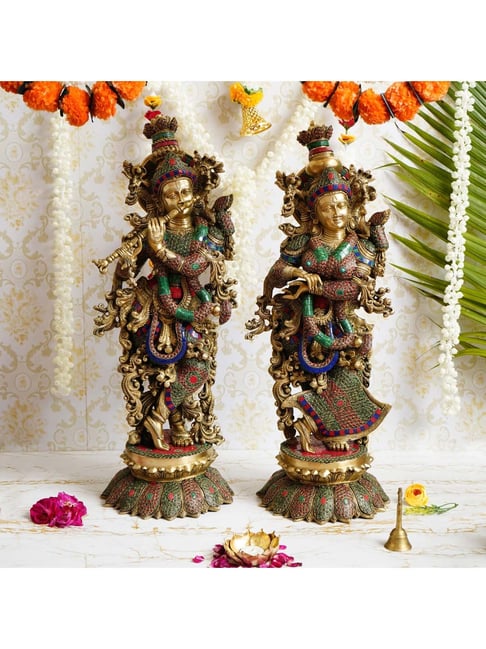 eCraftIndia Colorful Radha Krishna Playing Flute Handcrafted Brass Idol with Stone Work - 25.59 Inch Height-picture-15