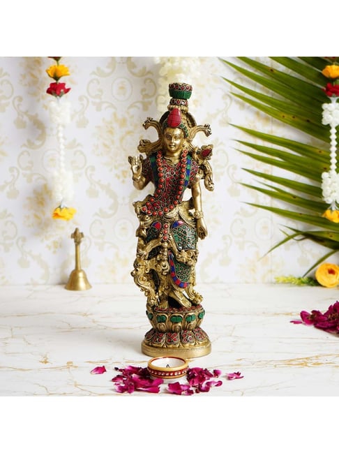 eCraftIndia Goddess Radha Handcrafted Brass Idol with Stone Work - 13.77 Inch Height-picture-21