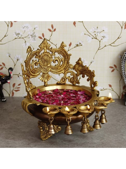 eCraftIndia Premium Golden Decorative Handcrafted Ethnic Brass Urli With Bells and 5 Diya's-picture-17