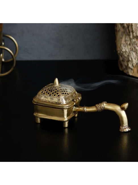 eCraftIndia Golden Brass Antique Finish Incense Burner Holder - Set of 1