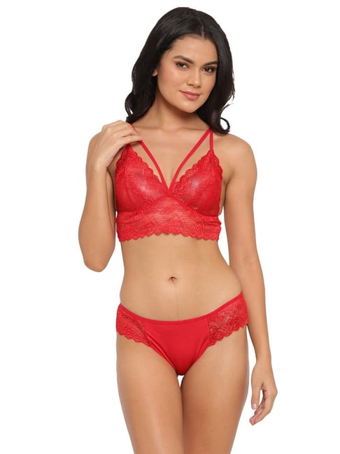 Buy N-Gal Red Lace Non-Padded Bralette Set for Women Online @ Tata