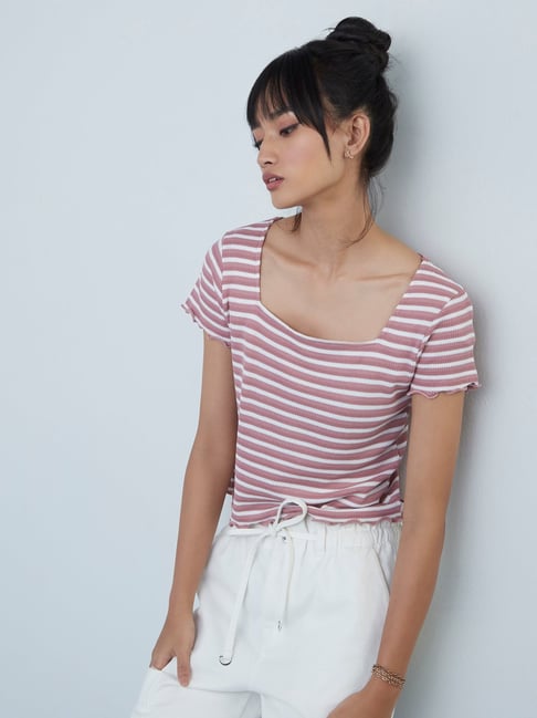 Nuon by Westside Mauve Striped Knitted Crop Top Price in India