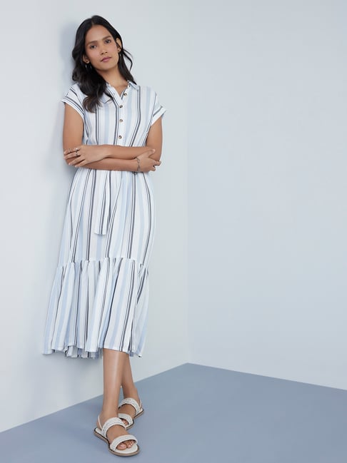 LOV by Westside Blue Stripe-Patterned Shirtdress with Belt Price in India