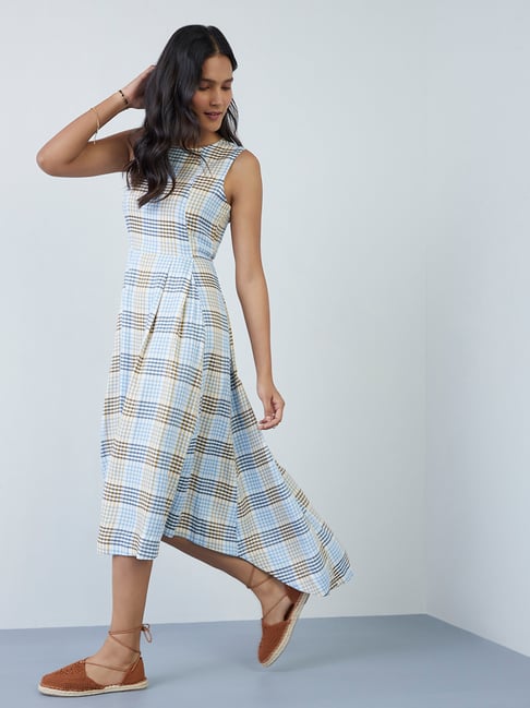 LOV by Westside Blue Checkered High-Low Valerie Dress Price in India